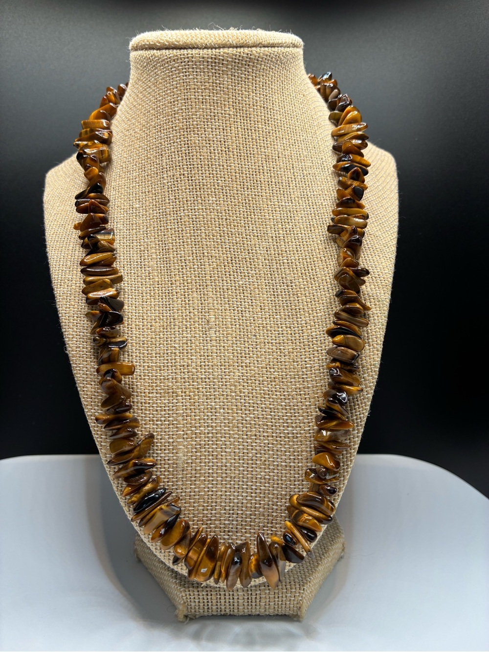 Vintage Tiger Eye Chip Brown Bead Necklace with Gold Clasp